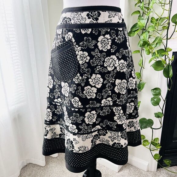 Paniz *Patchwork* Boho Black & White Rose Floral Side Pocket Twirl Skirt -Size 4 - Picture 1 of 6
